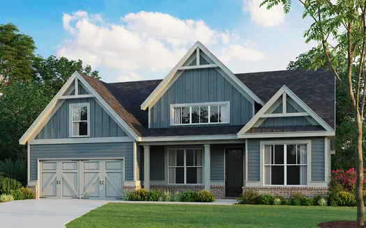 Modern blue farmhouse-style home with gable roof, brick accents, two-car garage, and manicured lawn under a cloudy sky