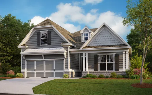 Modern gray single-story house with two-car garage, front porch, and landscaped yard under blue sky.