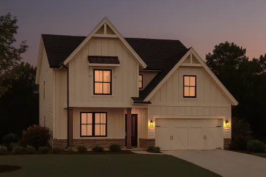 Modern two-story farmhouse with illuminated windows, white siding, and a double garage at dusk.