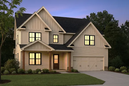 Two-story modern suburban house with lit windows, front porch, and attached garage during twilight.