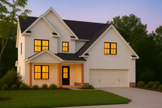 Modern two-story white brick house with lit windows, black roof, and attached garage during twilight.
