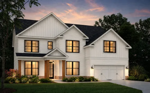 Modern white two-story house with large windows, a garage, and warm interior lighting at sunset.