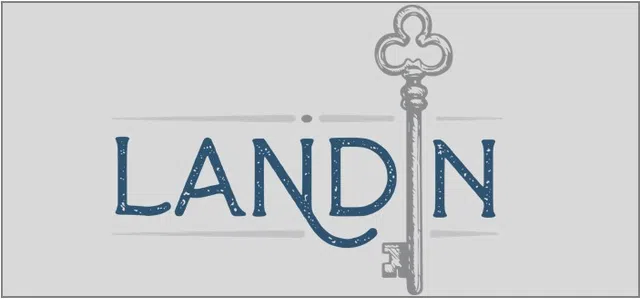 Logo design featuring the word LANDIN with a vintage key forming the letter I in blue and gray colors.