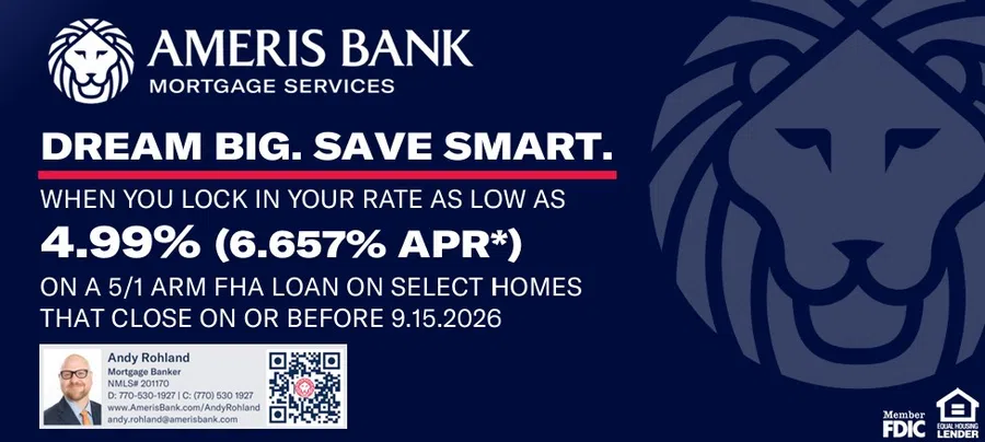 Ameris Bank mortgage ad with lion logo, offering 4.99% rate on 5/1 ARM FHA loans for select homes closing by 8.7.2026.